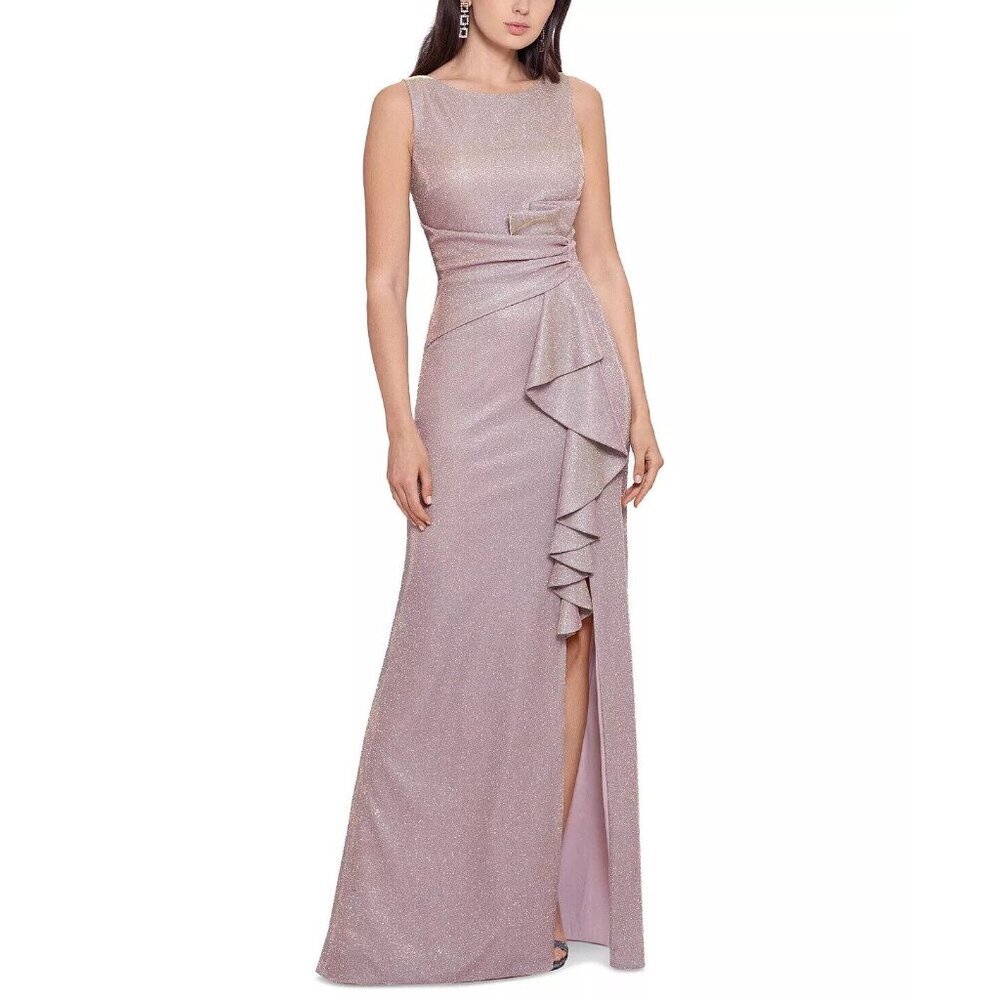 NWT Betsy Adam Womens White Pink Gold Sleeveless Ruffle Glitter Gown Size 4